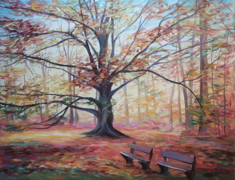 Benches under an old tree (100x130 cm)