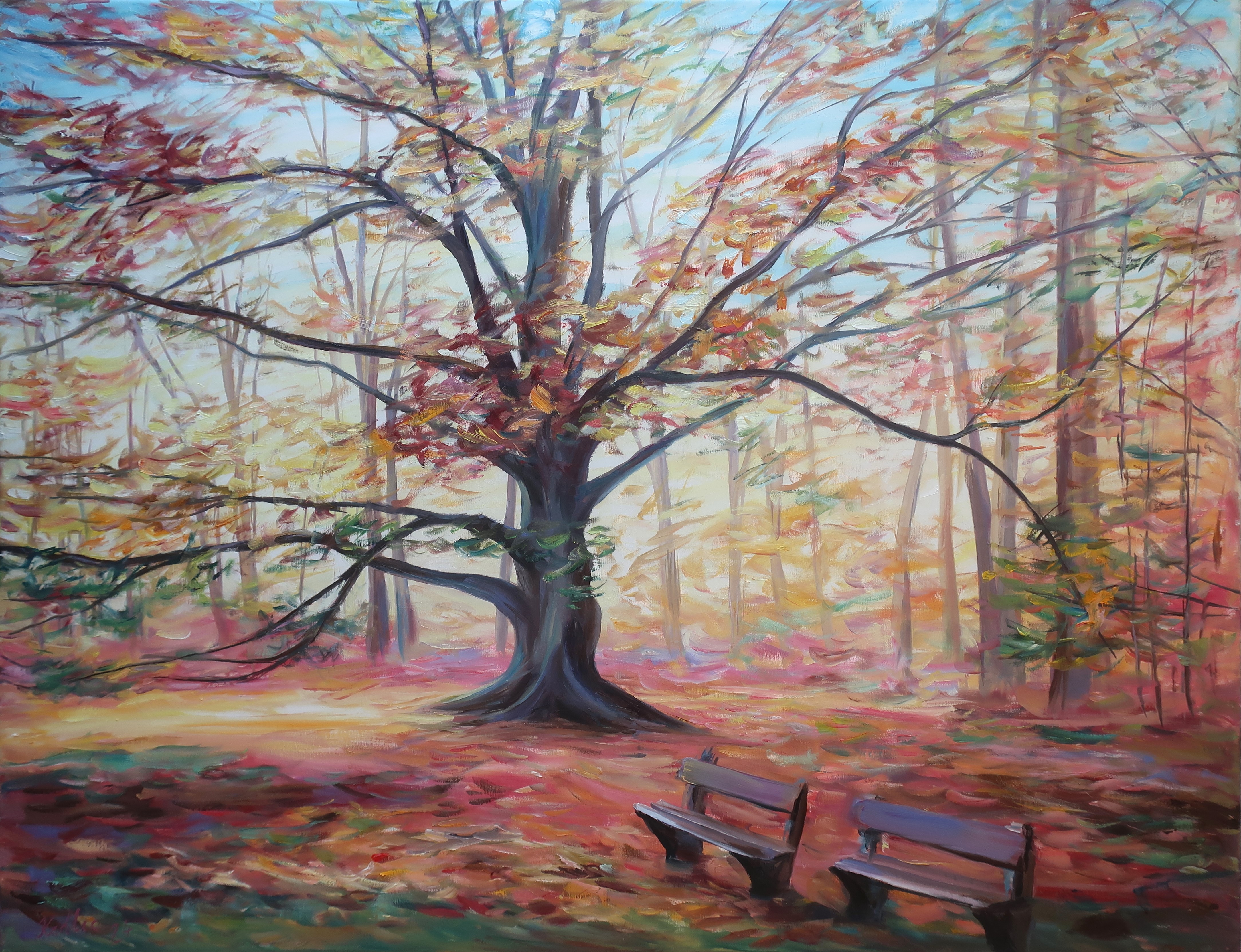 Benches under an old tree (100x130 cm)