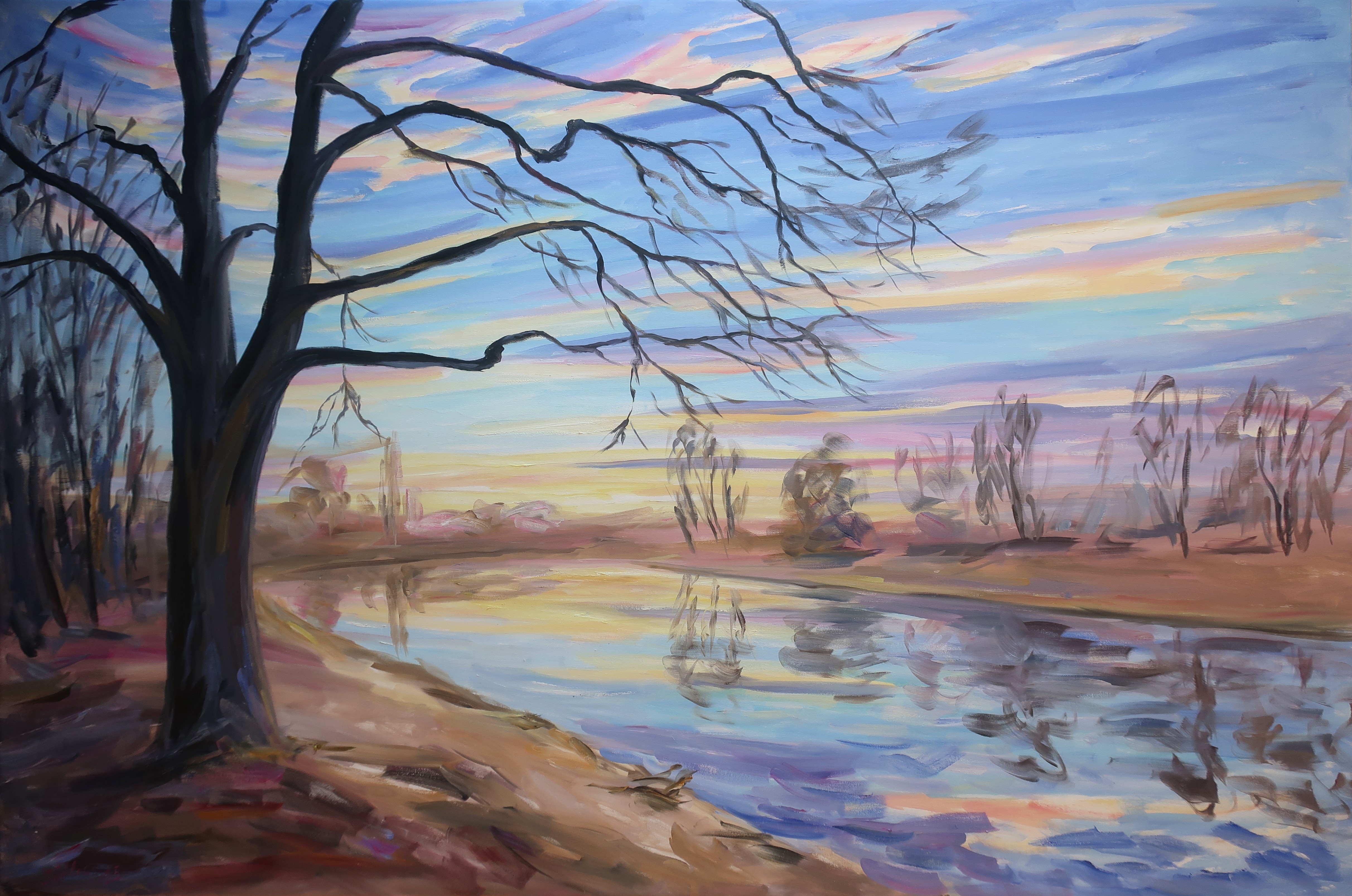 Reflections in the evening Elbe (120x180 cm)